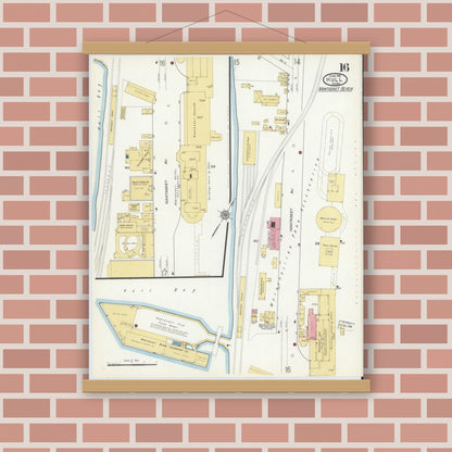 Old map wall art mockup — magnetic wood frame on brick wall — Sanborn Fire Insurance Map from Hull, Plymouth County, Massachusetts (1916), Sheet #0016