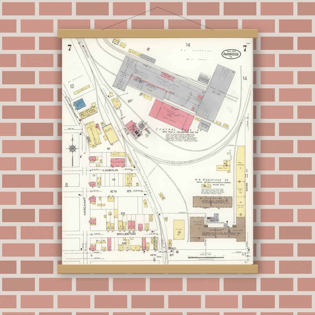 Old map wall art mockup — magnetic wood frame on brick wall — Sanborn Fire Insurance Map from Ambridge, Beaver County, Pennsylvania (1923), Sheet #0007