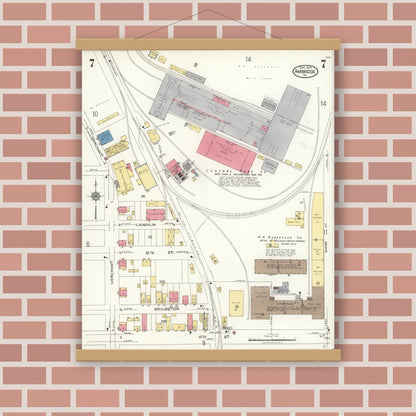 Old map wall art mockup — magnetic wood frame on brick wall — Sanborn Fire Insurance Map from Ambridge, Beaver County, Pennsylvania (1923), Sheet #0007