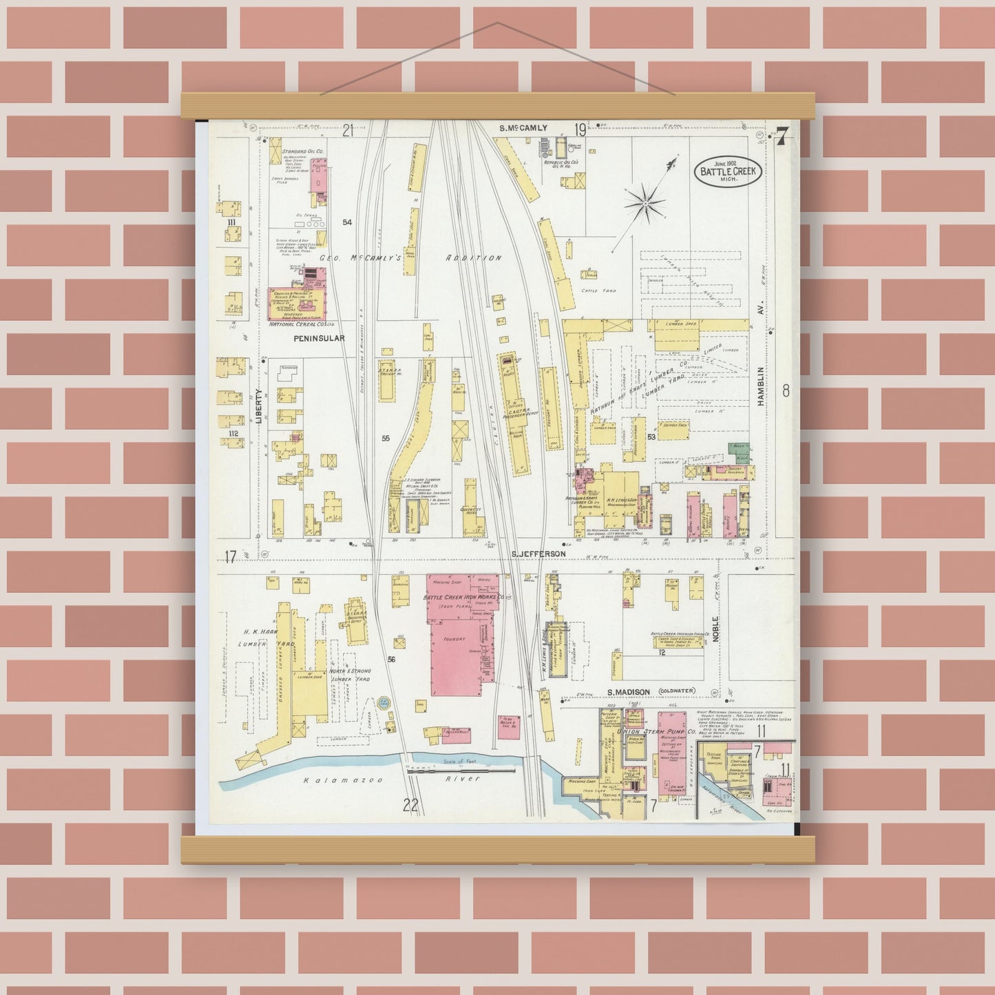 Old map wall art mockup — magnetic wood frame on brick wall — Sanborn Fire Insurance Map from Battle Creek, Calhoun County, Michigan (1902), Sheet #0007