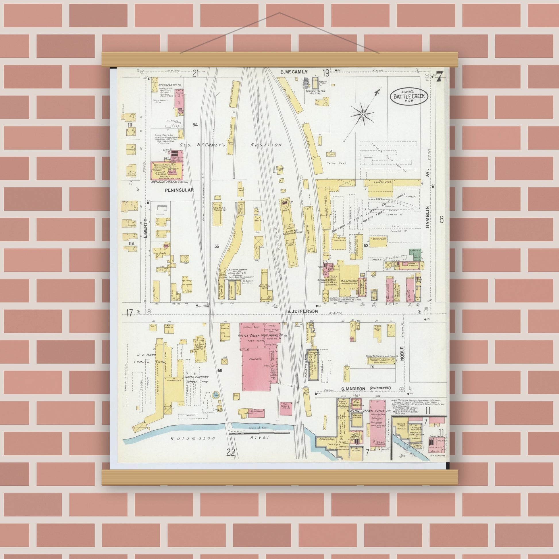 Old map wall art mockup — magnetic wood frame on brick wall — Sanborn Fire Insurance Map from Battle Creek, Calhoun County, Michigan (1902), Sheet #0007