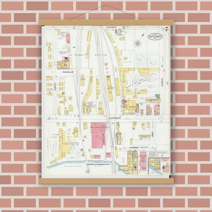 Old map wall art mockup — magnetic wood frame on brick wall — Sanborn Fire Insurance Map from Battle Creek, Calhoun County, Michigan (1902), Sheet #0007
