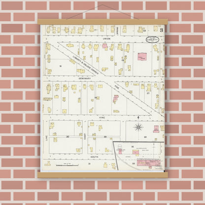 Old map wall art mockup — magnetic wood frame on brick wall — Sanborn Fire Insurance Map from Liberty, Union County, Indiana (1892), Sheet #0003
