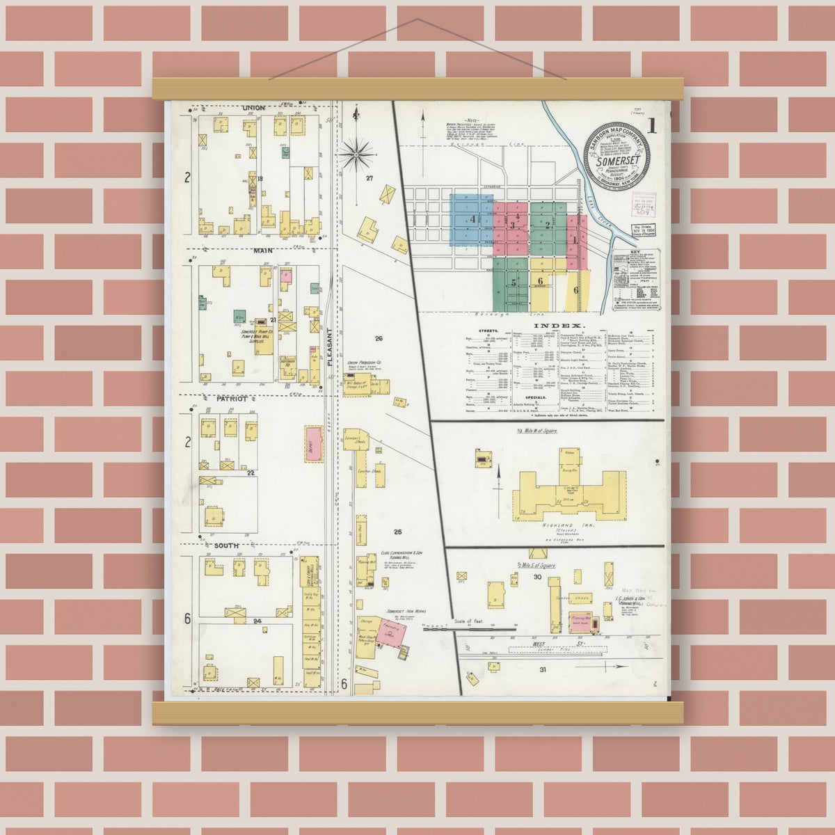 Old map wall art mockup — magnetic wood frame on brick wall — Sanborn Fire Insurance Map from Somerset, Somerset County, Pennsylvania (1904), Sheet #0001