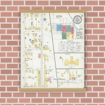 Old map wall art mockup — magnetic wood frame on brick wall — Sanborn Fire Insurance Map from Somerset, Somerset County, Pennsylvania (1904), Sheet #0001