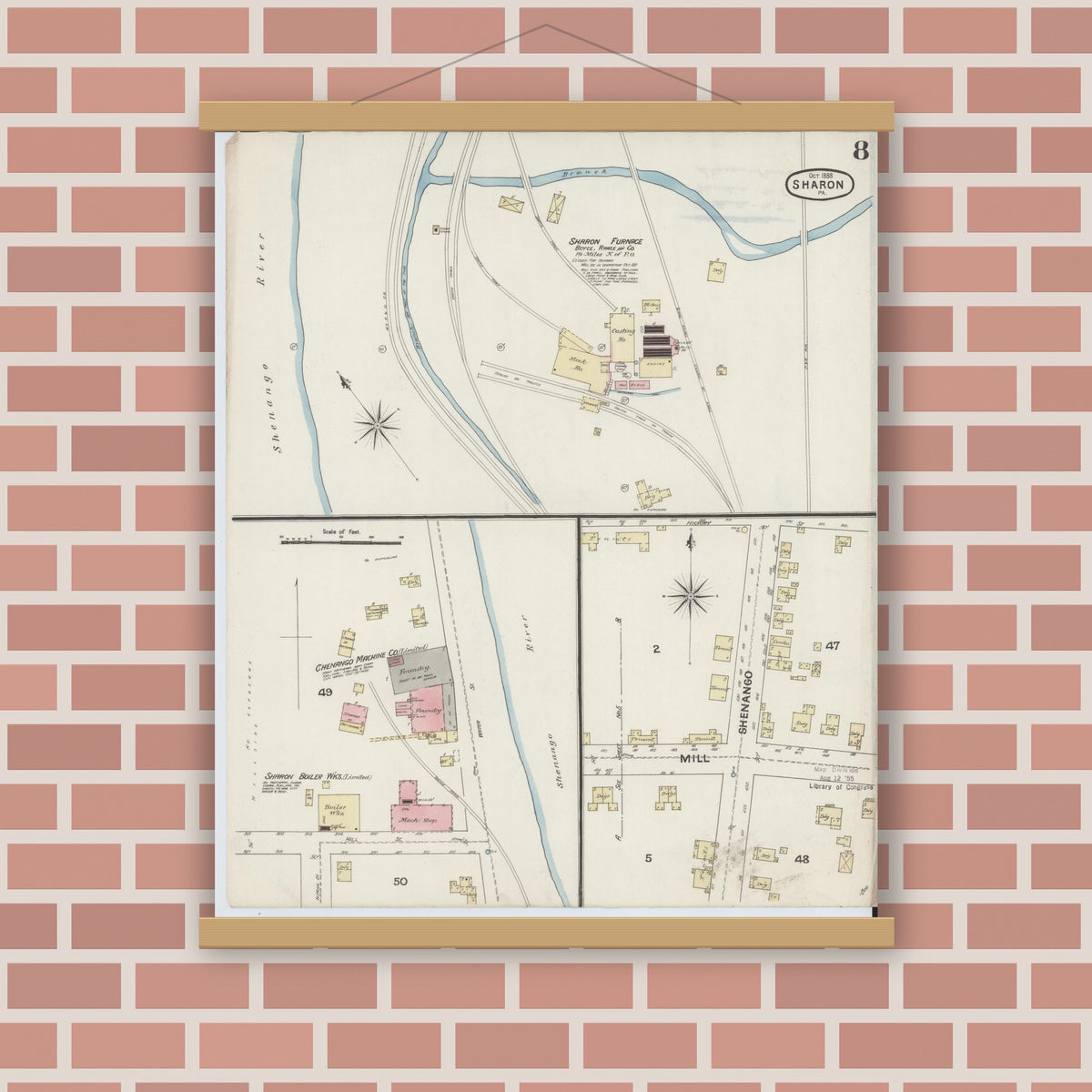 Old map wall art mockup — magnetic wood frame on brick wall — Sanborn Fire Insurance Map from Sharon, Mercer County, Pennsylvania (1888), Sheet #0008