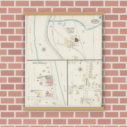 Old map wall art mockup — magnetic wood frame on brick wall — Sanborn Fire Insurance Map from Sharon, Mercer County, Pennsylvania (1888), Sheet #0008