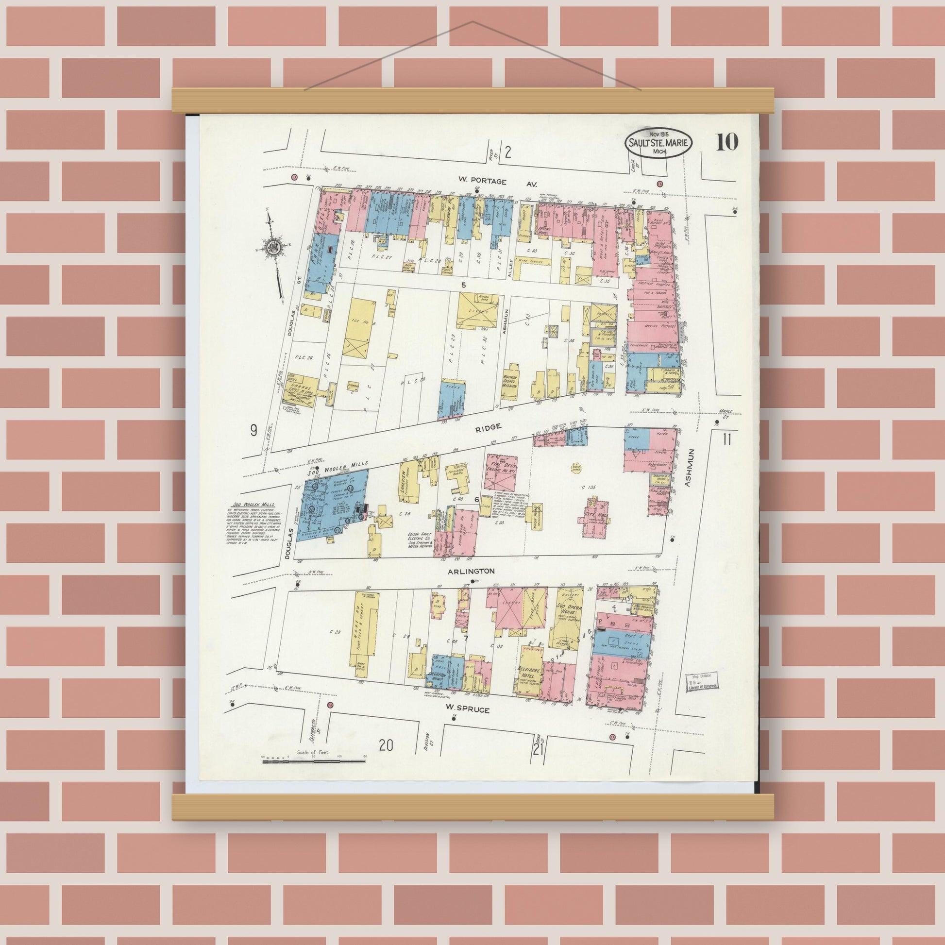 Old map wall art mockup — magnetic wood frame on brick wall — Sanborn Fire Insurance Map from Sault Sainte Marie, Chippewa County, Michigan (1915), Sheet #0010