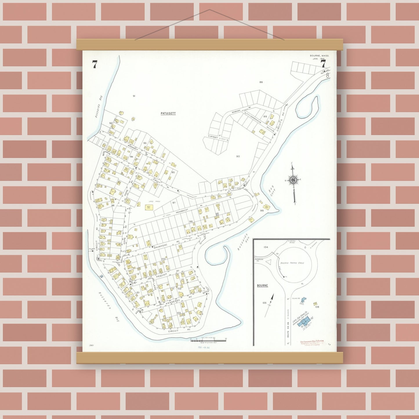 Old map wall art mockup — magnetic wood frame on brick wall — Sanborn Fire Insurance Map from Bourne, Barnstable County, Massachusetts (1941), Sheet #0007