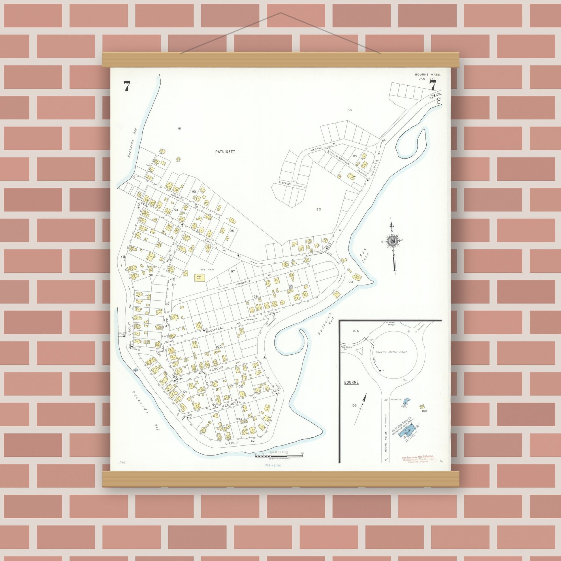 Old map wall art mockup — magnetic wood frame on brick wall — Sanborn Fire Insurance Map from Bourne, Barnstable County, Massachusetts (1941), Sheet #0007