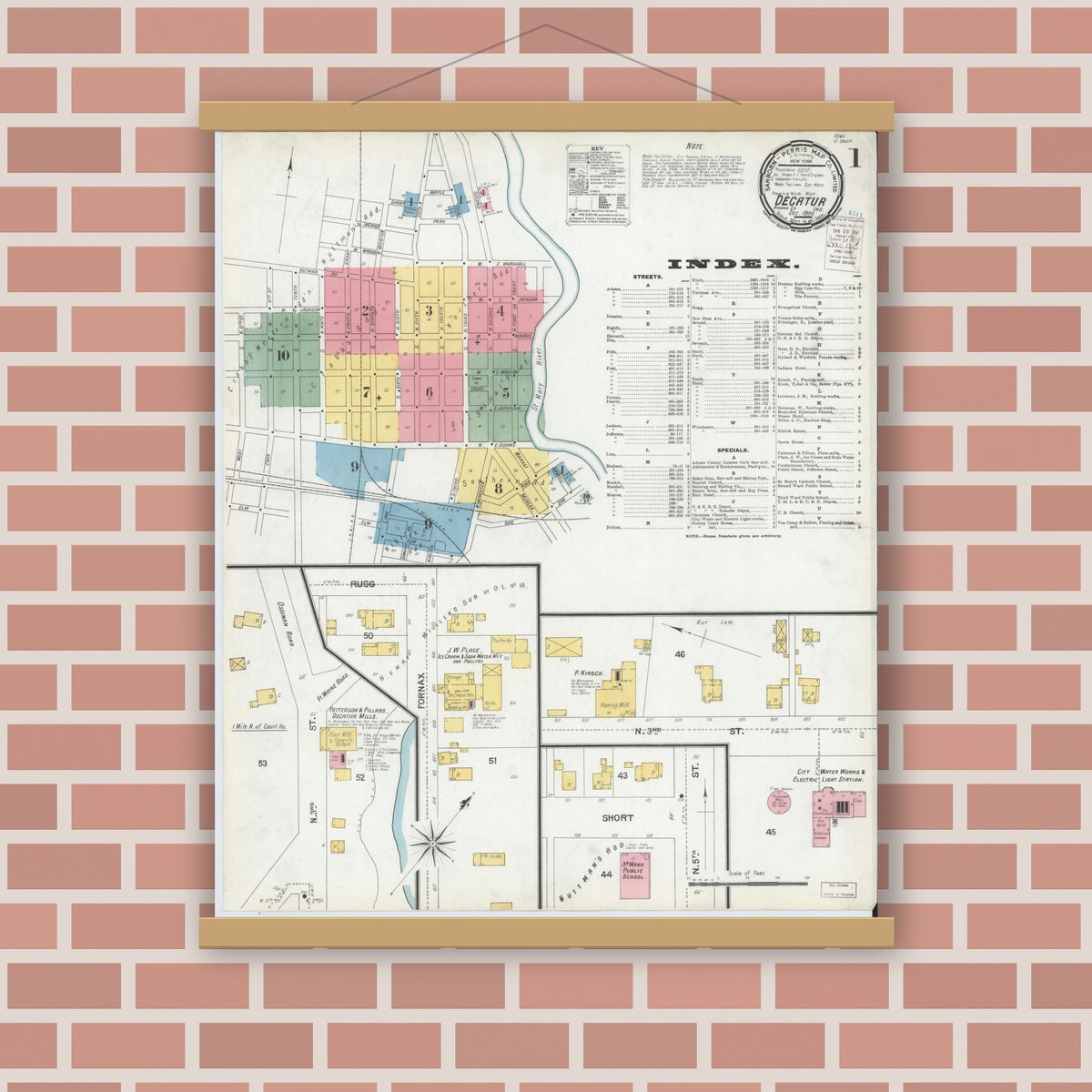 Old map wall art mockup — magnetic wood frame on brick wall — Sanborn Fire Insurance Map from Decatur, Adams County, Indiana (1900) - Complete Map Set