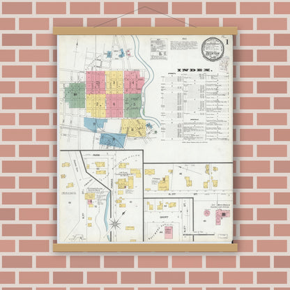 Old map wall art mockup — magnetic wood frame on brick wall — Sanborn Fire Insurance Map from Decatur, Adams County, Indiana (1900) - Complete Map Set