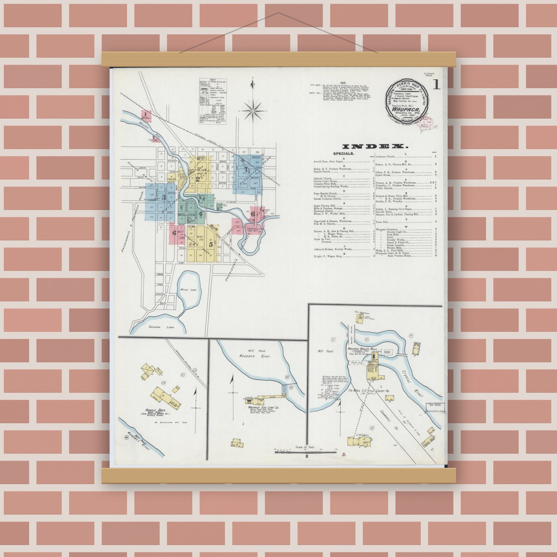 Old map wall art mockup — magnetic wood frame on brick wall — Sanborn Fire Insurance Map from Waupaca, Waupaca County, Wisconsin (1895) - Complete Map Set