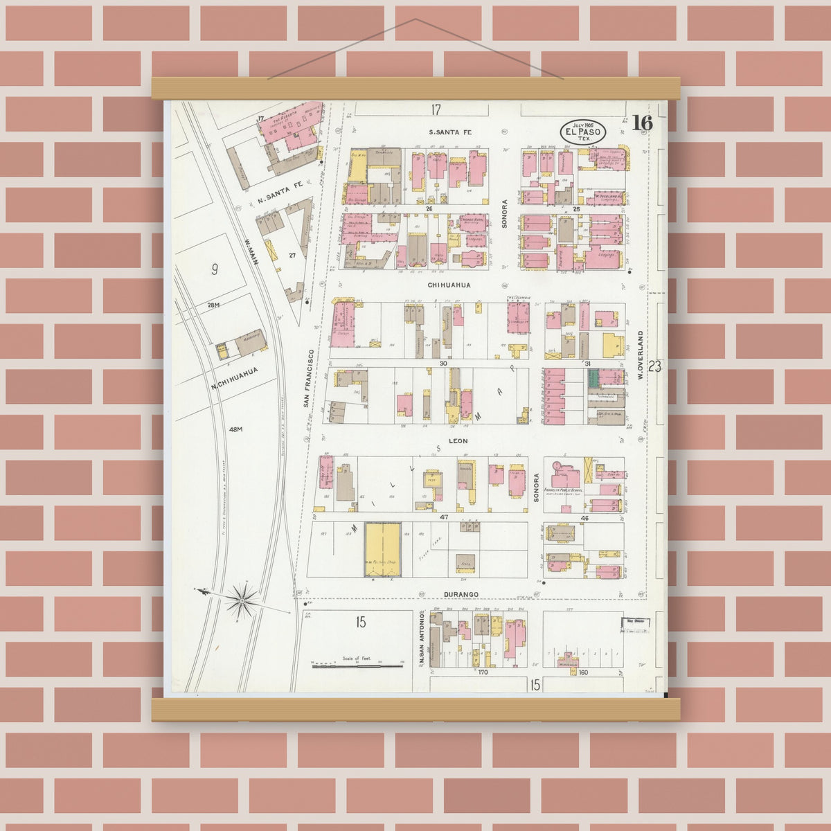 Old map wall art mockup — magnetic wood frame on brick wall — Sanborn Fire Insurance Map from El Paso, El Paso County, Texas (1905), Sheet #0016