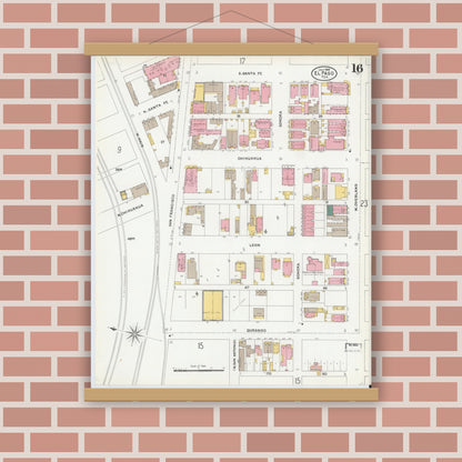 Old map wall art mockup — magnetic wood frame on brick wall — Sanborn Fire Insurance Map from El Paso, El Paso County, Texas (1905), Sheet #0016