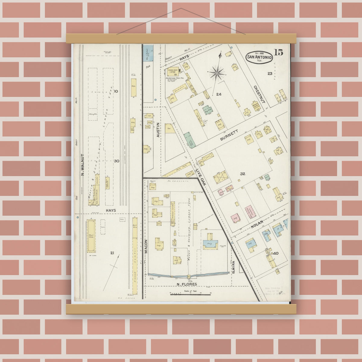 Old map wall art mockup — magnetic wood frame on brick wall — Sanborn Fire Insurance Map from San Antonio, Bexar County, Texas (1888), Sheet #0015