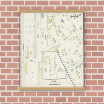 Old map wall art mockup — magnetic wood frame on brick wall — Sanborn Fire Insurance Map from San Antonio, Bexar County, Texas (1888), Sheet #0015