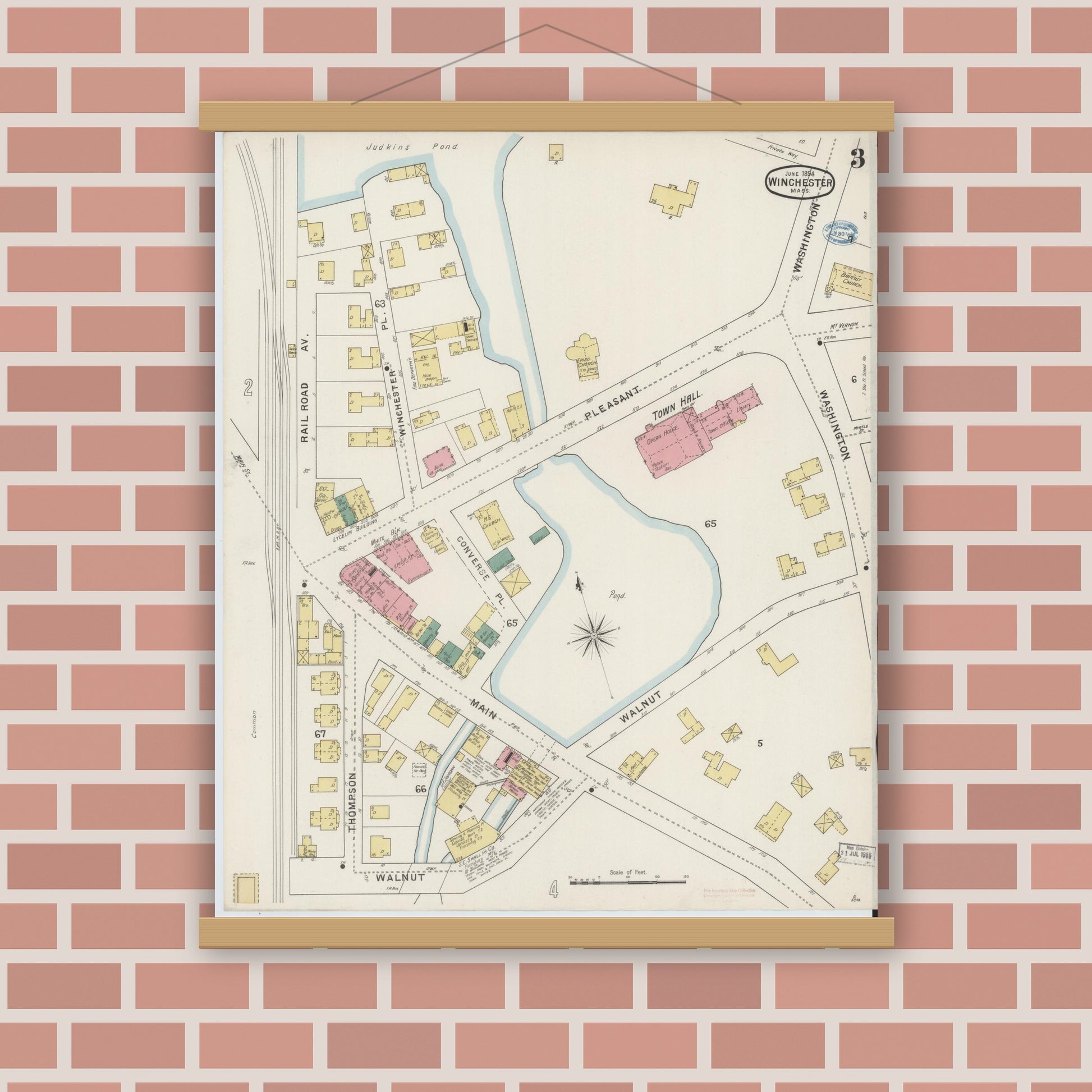 Old map wall art mockup — magnetic wood frame on brick wall — Sanborn Fire Insurance Map from Winchester, Middlesex County, Massachusetts (1894), Sheet #0003