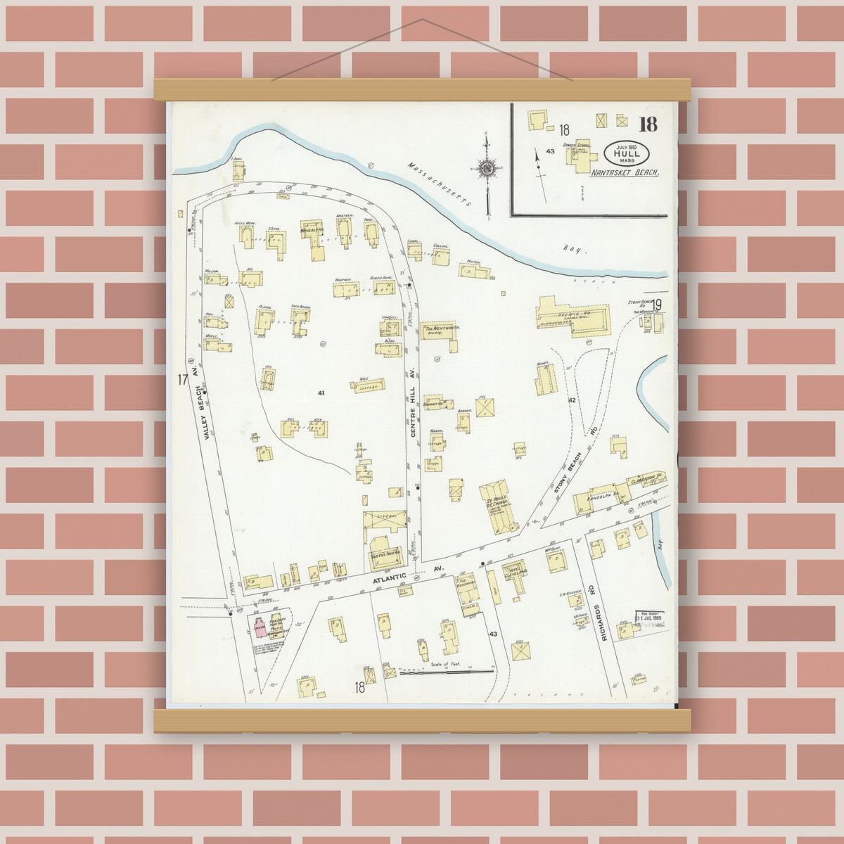 Old map wall art mockup — magnetic wood frame on brick wall — Sanborn Fire Insurance Map from Hull, Plymouth County, Massachusetts (1910), Sheet #0018