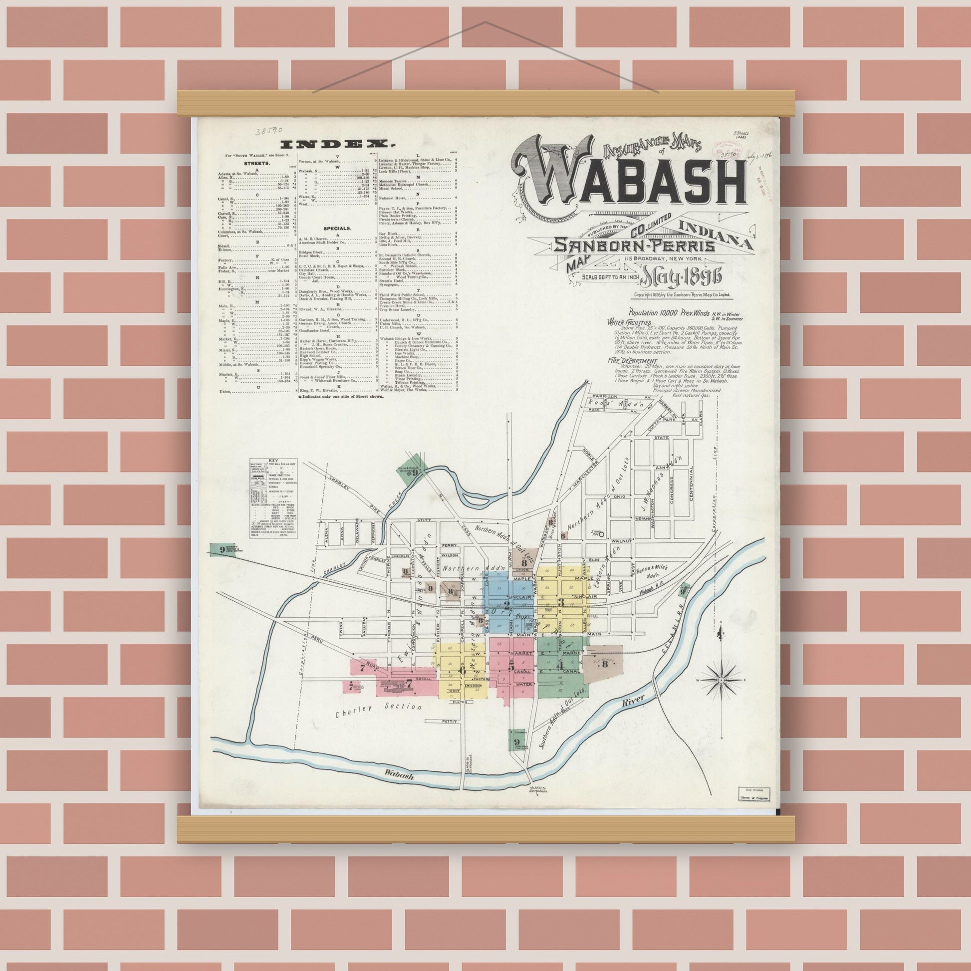 Old map wall art mockup — magnetic wood frame on brick wall — Sanborn Fire Insurance Map from Wabash, Wabash County, Indiana (1896), Sheet #0001