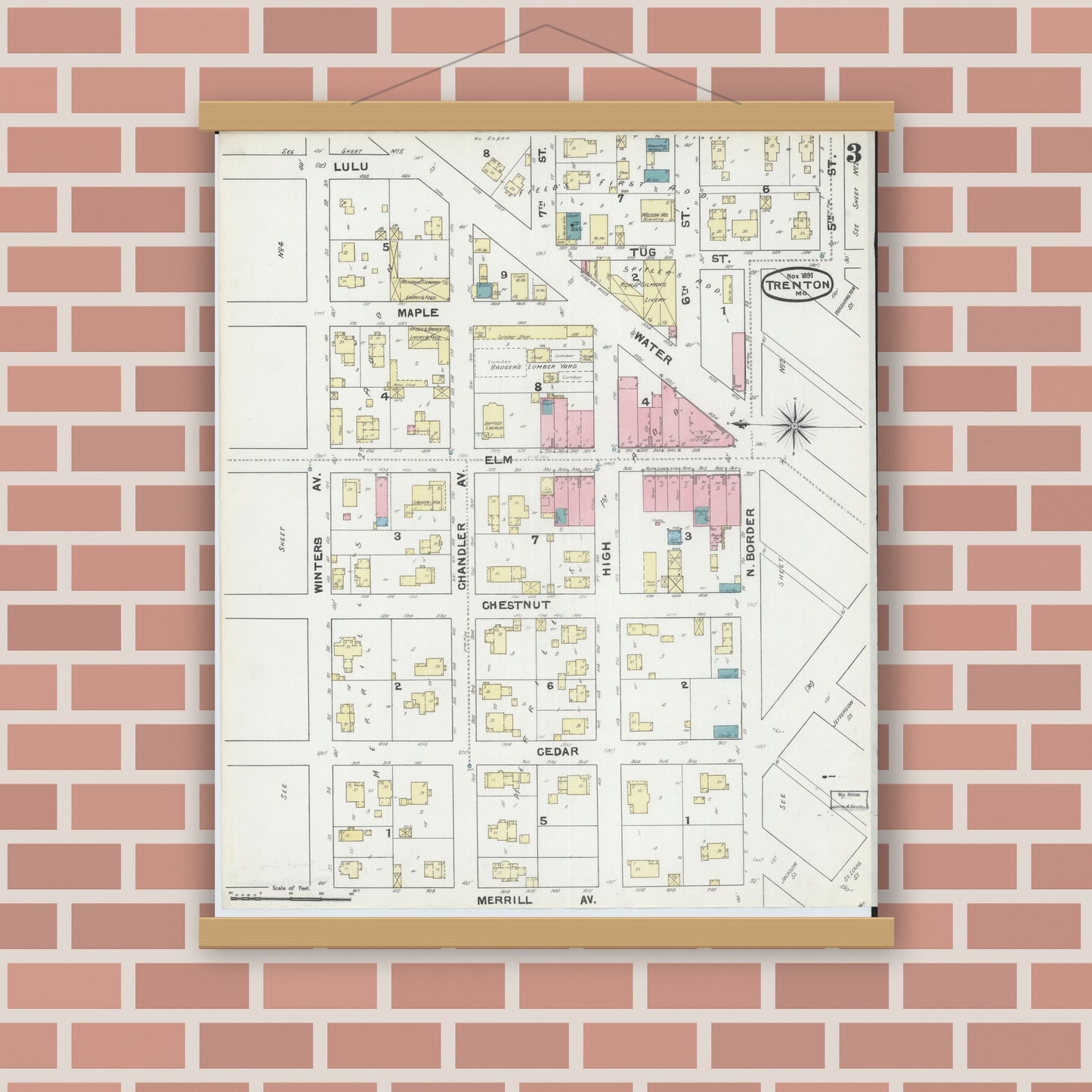 Old map wall art mockup — magnetic wood frame on brick wall — Sanborn Fire Insurance Map from Trenton, Grundy County, Missouri (1891), Sheet #0003