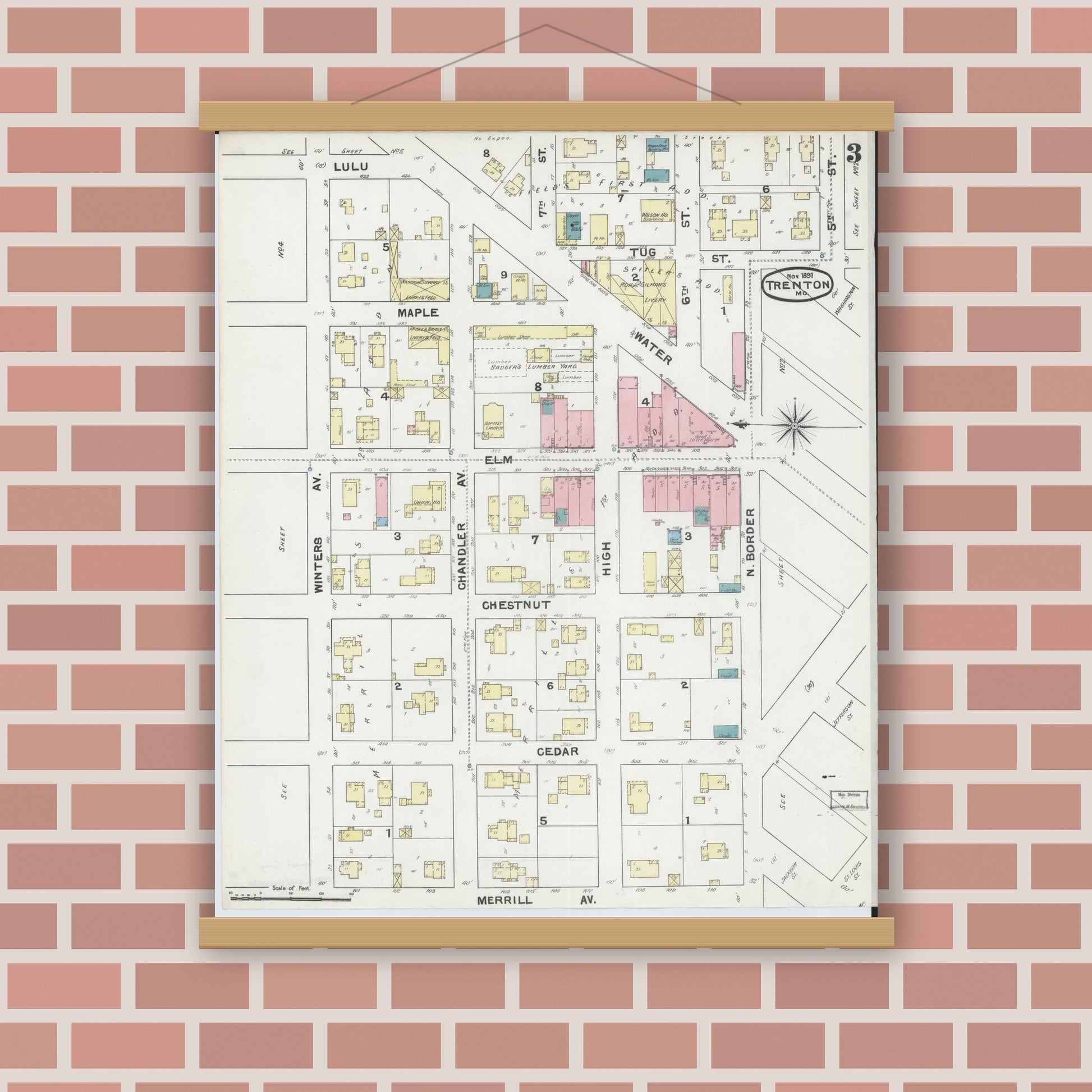 Old map wall art mockup — magnetic wood frame on brick wall — Sanborn Fire Insurance Map from Trenton, Grundy County, Missouri (1891), Sheet #0003