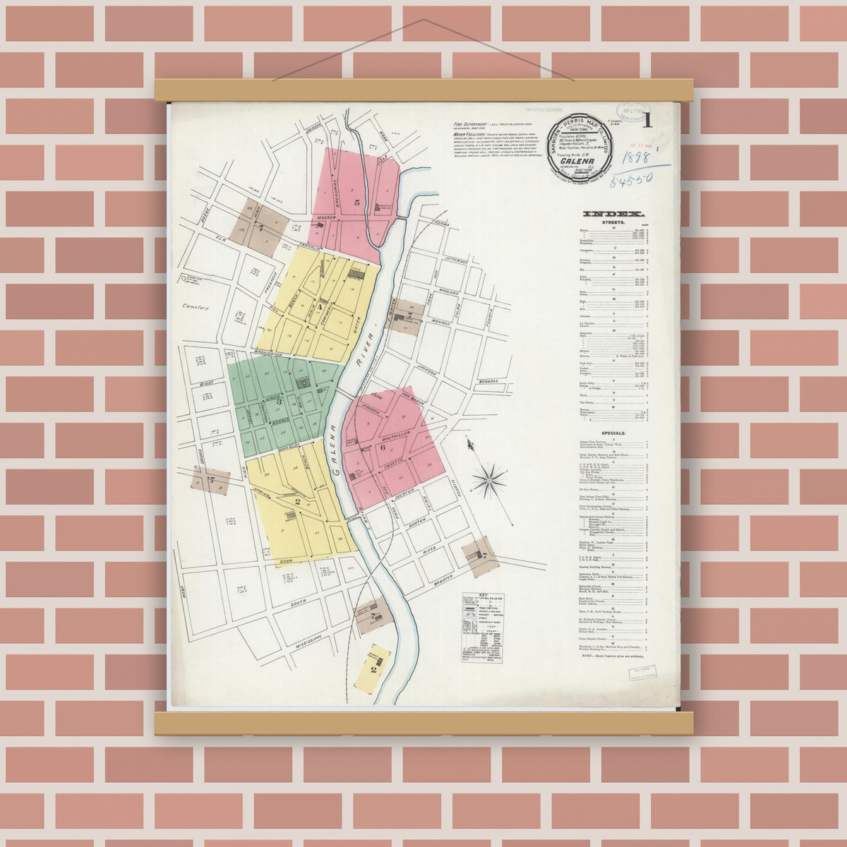 Old map wall art mockup — magnetic wood frame on brick wall — Sanborn Fire Insurance Map from Galena, Jo Daviess County, Illinois (1898) - Complete Map Set