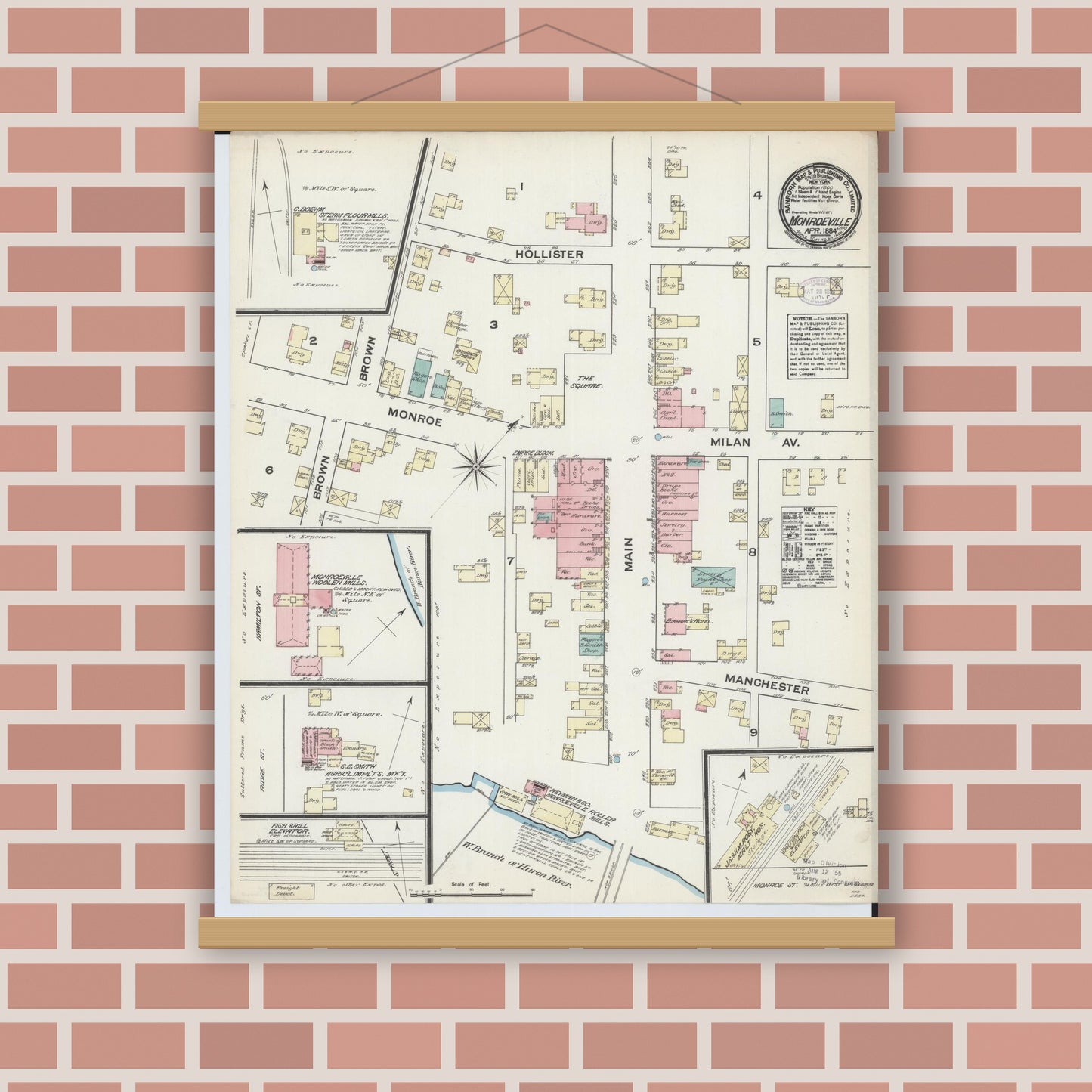 Old map wall art mockup — magnetic wood frame on brick wall — Sanborn Fire Insurance Map from Monroeville, Huron County, Ohio (1884), Sheet #0001