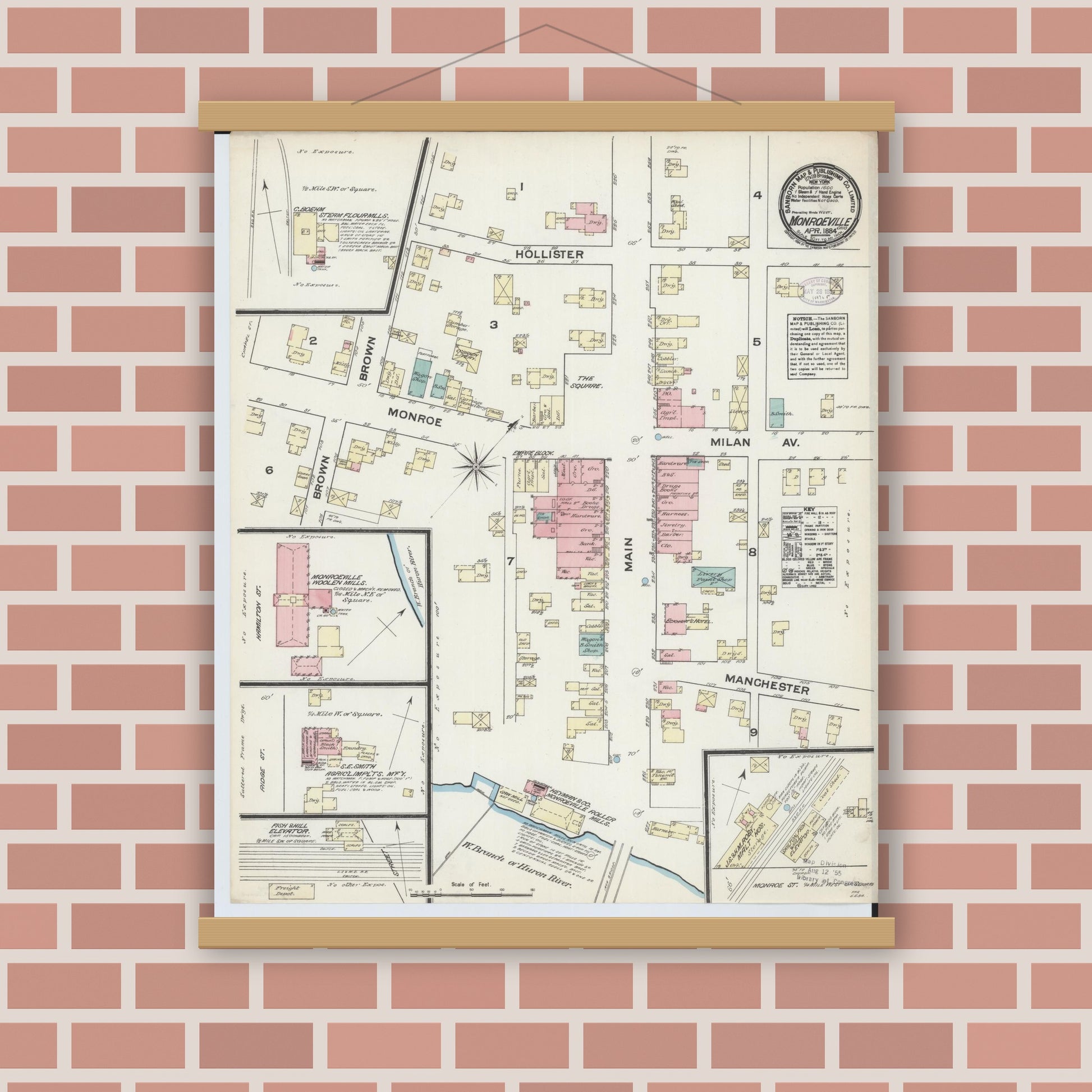 Old map wall art mockup — magnetic wood frame on brick wall — Sanborn Fire Insurance Map from Monroeville, Huron County, Ohio (1884), Sheet #0001