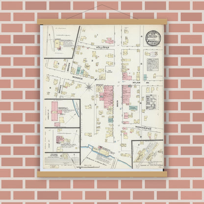 Old map wall art mockup — magnetic wood frame on brick wall — Sanborn Fire Insurance Map from Monroeville, Huron County, Ohio (1884), Sheet #0001