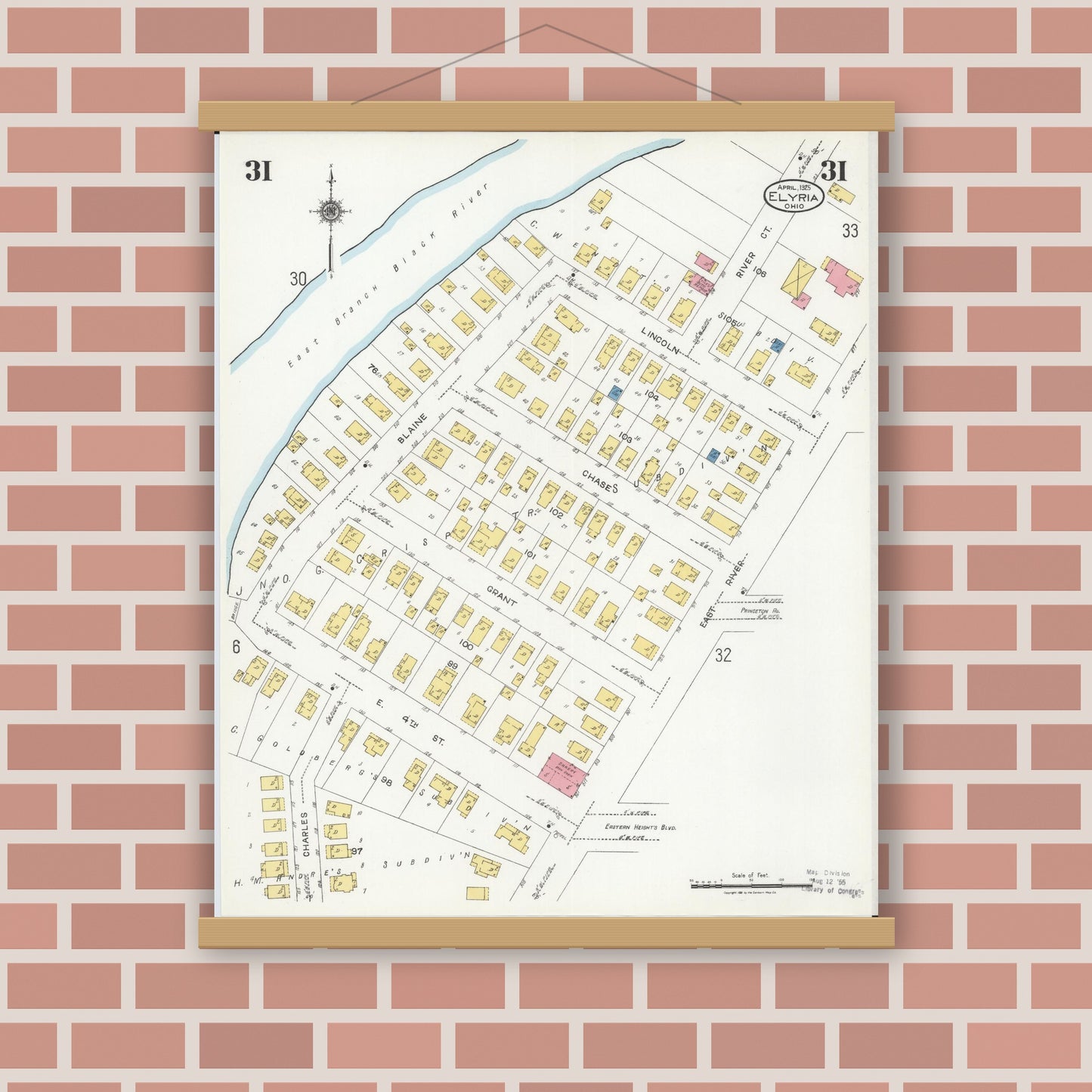 Old map wall art mockup — magnetic wood frame on brick wall — Sanborn Fire Insurance Map from Elyria, Lorain County, Ohio (1925), Sheet #0031