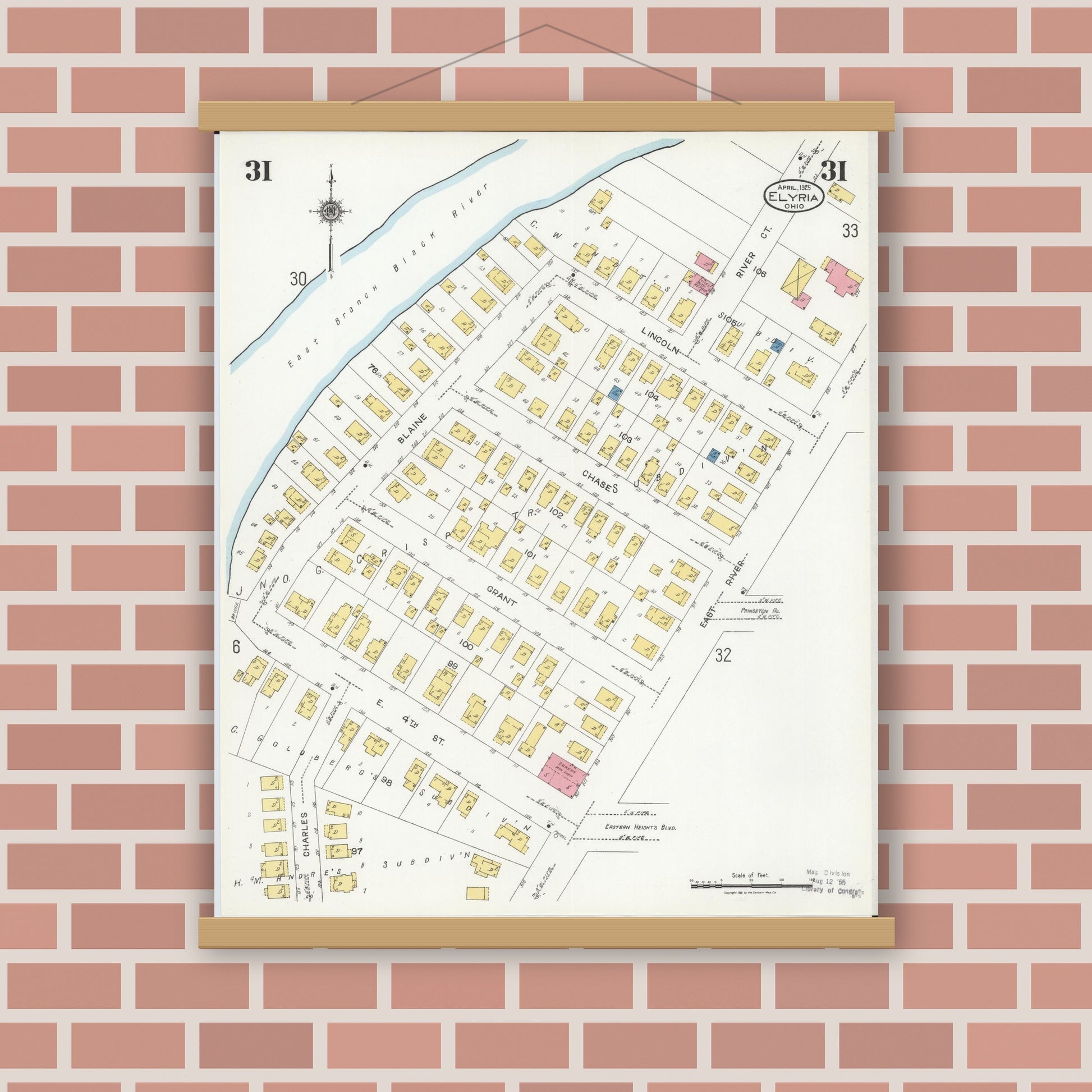 Old map wall art mockup — magnetic wood frame on brick wall — Sanborn Fire Insurance Map from Elyria, Lorain County, Ohio (1925), Sheet #0031