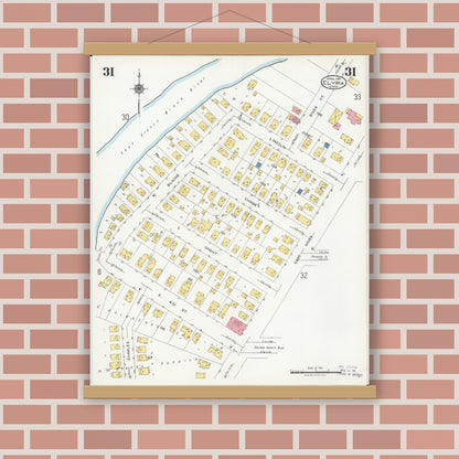 Old map wall art mockup — magnetic wood frame on brick wall — Sanborn Fire Insurance Map from Elyria, Lorain County, Ohio (1925), Sheet #0031