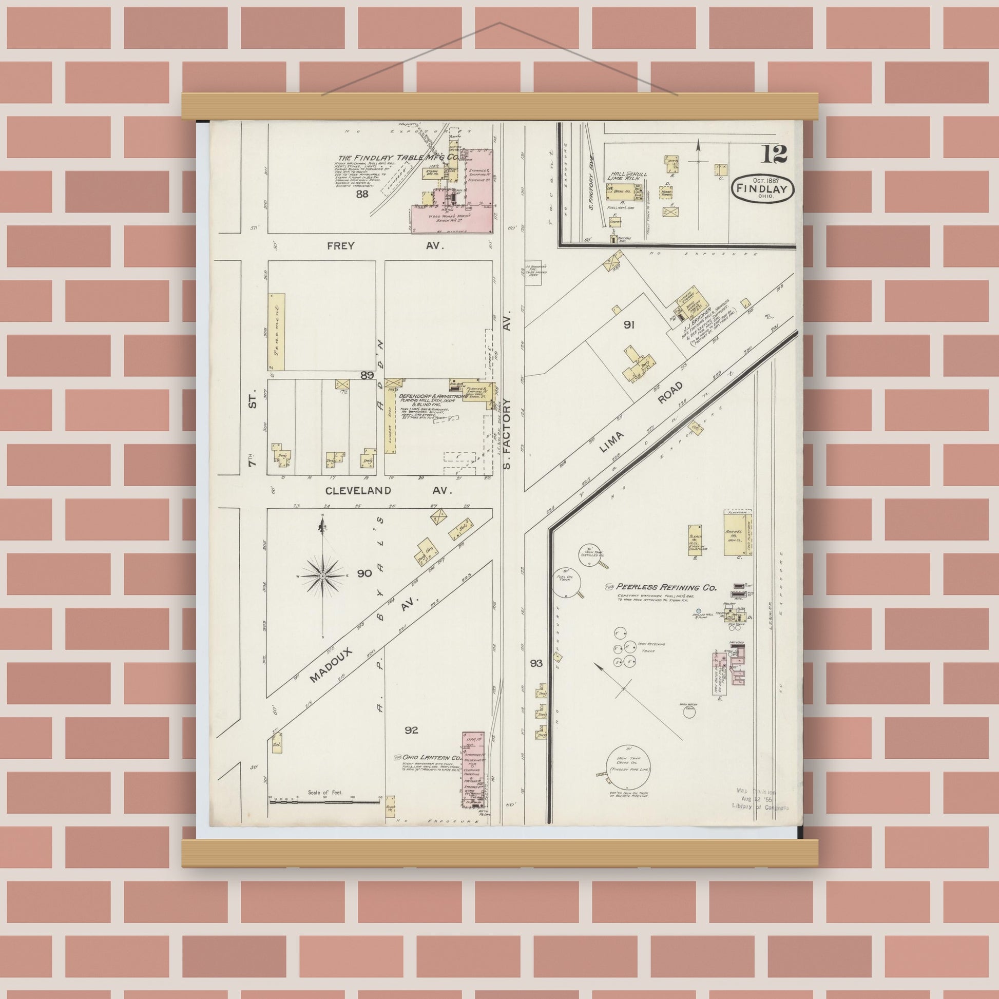 Old map wall art mockup — magnetic wood frame on brick wall — Sanborn Fire Insurance Map from Findlay, Hancock County, Ohio (1887), Sheet #0012