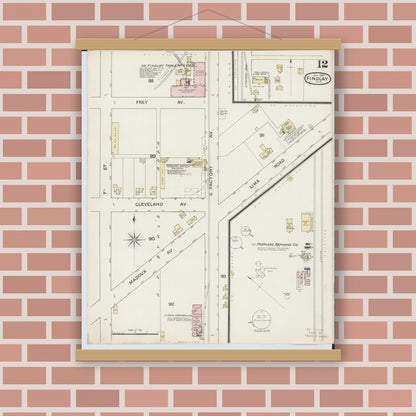 Old map wall art mockup — magnetic wood frame on brick wall — Sanborn Fire Insurance Map from Findlay, Hancock County, Ohio (1887), Sheet #0012