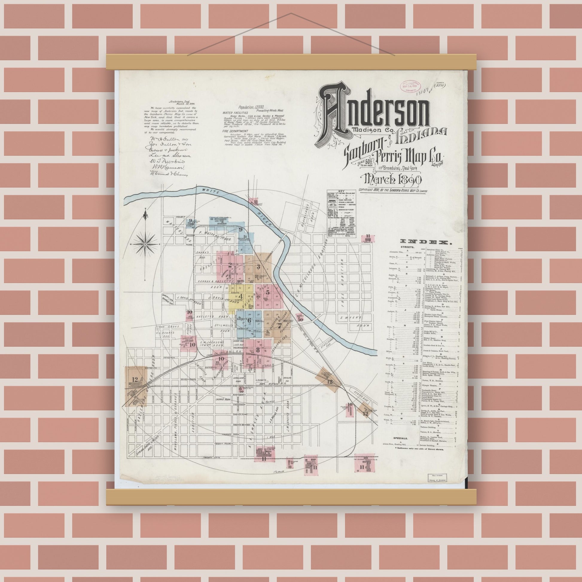 Old map wall art mockup — magnetic wood frame on brick wall — Sanborn Fire Insurance Map from Anderson, Madison County, Indiana (1890), Sheet #0001