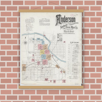 Old map wall art mockup — magnetic wood frame on brick wall — Sanborn Fire Insurance Map from Anderson, Madison County, Indiana (1890), Sheet #0001
