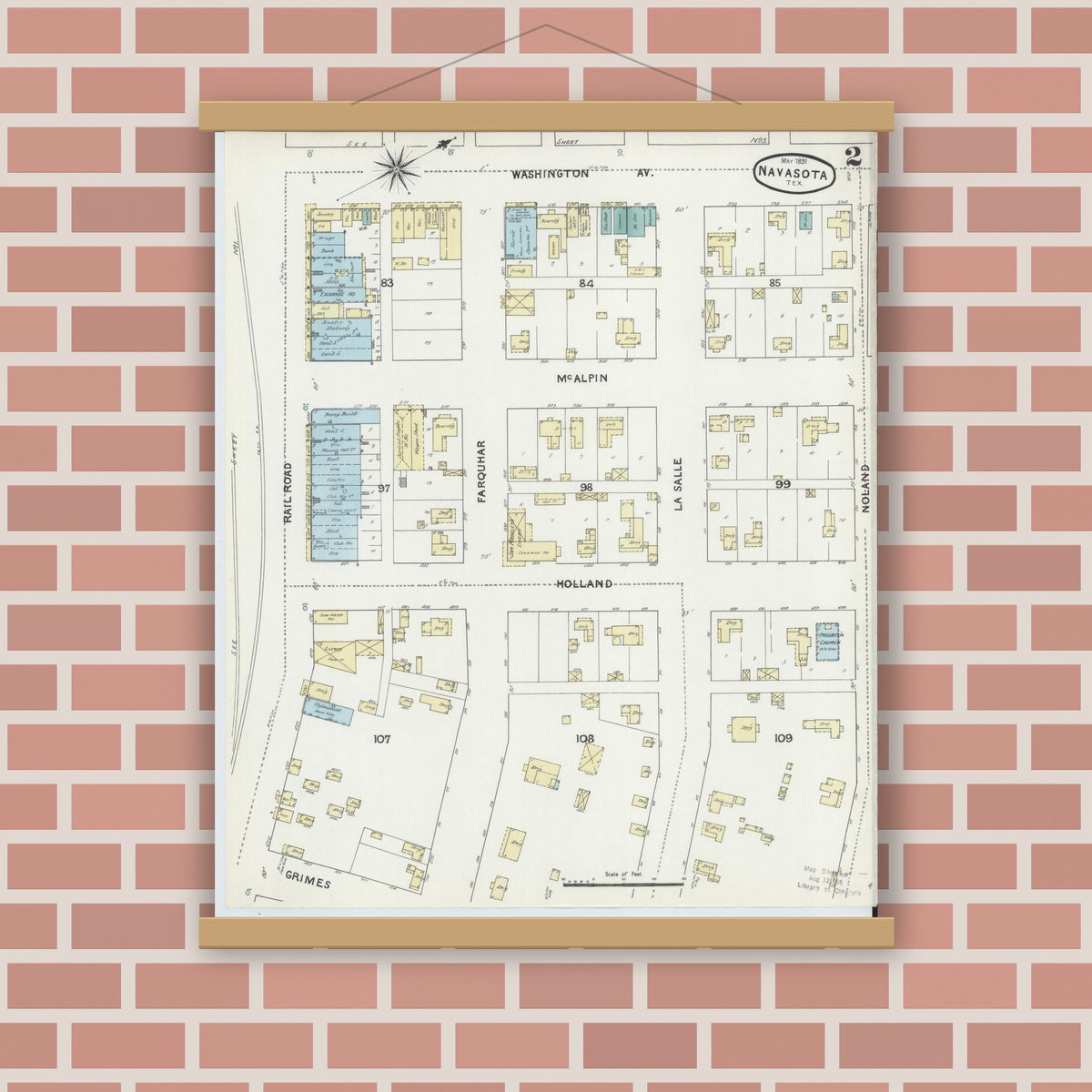Old map wall art mockup — magnetic wood frame on brick wall — Sanborn Fire Insurance Map from Navasota, Grimes County, Texas (1891), Sheet #0002
