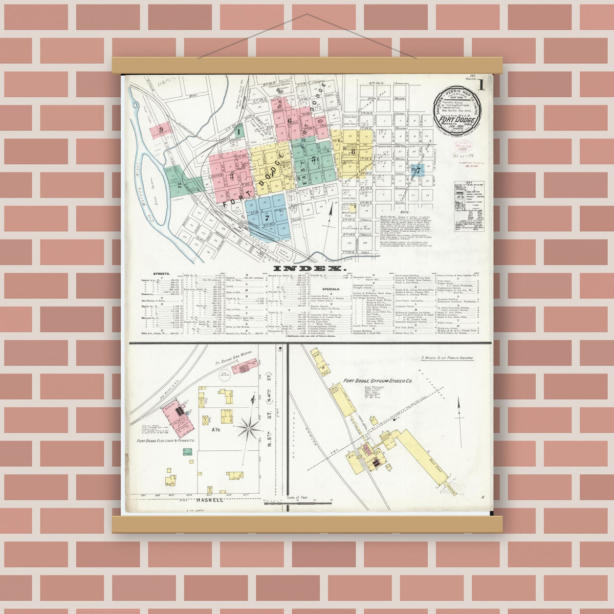 Old map wall art mockup — magnetic wood frame on brick wall — Sanborn Fire Insurance Map from Fort Dodge, Webster County, Iowa (1896), Sheet #0001