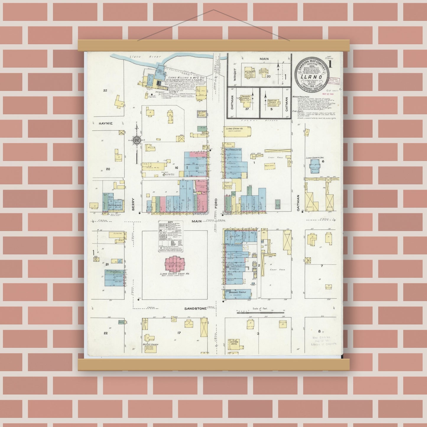 Old map wall art mockup — magnetic wood frame on brick wall — Sanborn Fire Insurance Map from Llano, Llano County, Texas (1910), Sheet #0001
