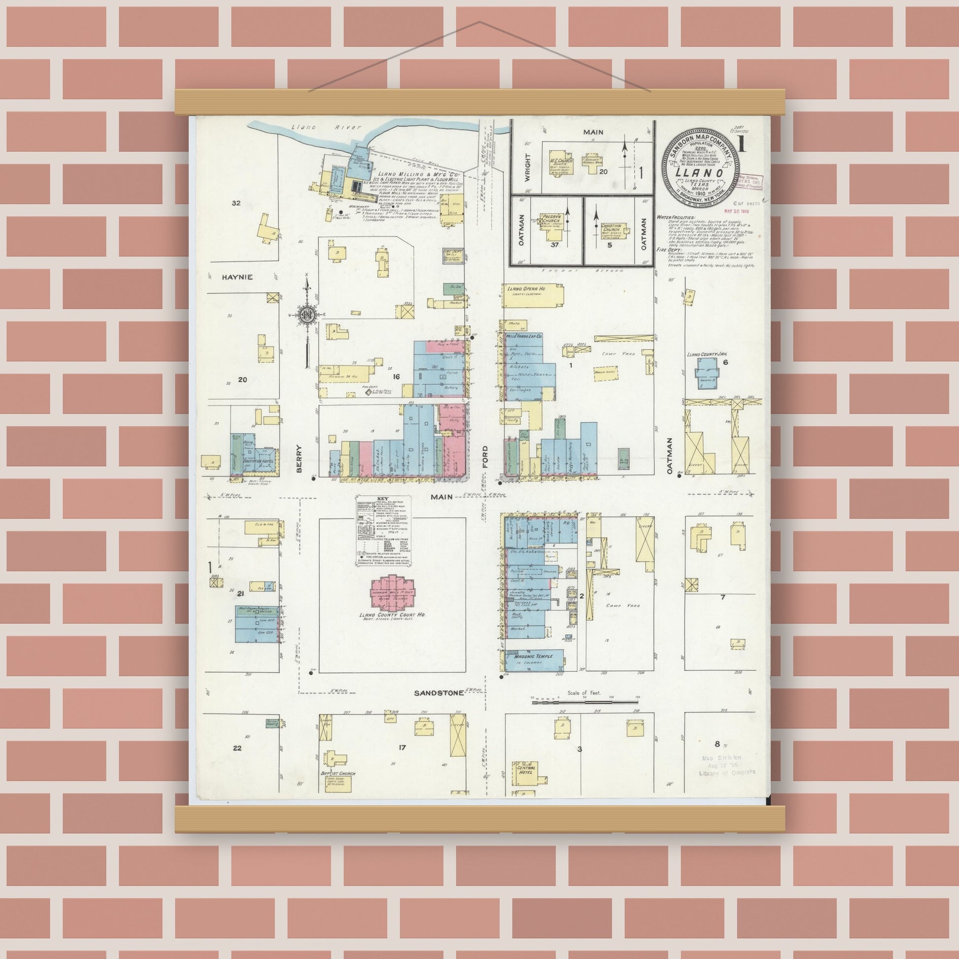 Old map wall art mockup — magnetic wood frame on brick wall — Sanborn Fire Insurance Map from Llano, Llano County, Texas (1910), Sheet #0001