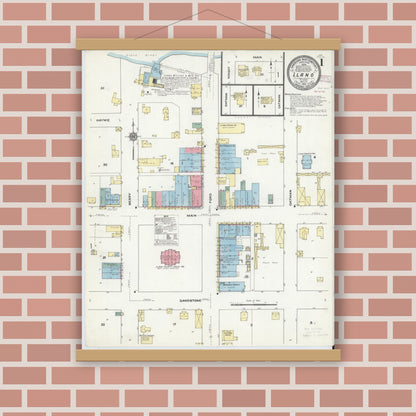 Old map wall art mockup — magnetic wood frame on brick wall — Sanborn Fire Insurance Map from Llano, Llano County, Texas (1910), Sheet #0001