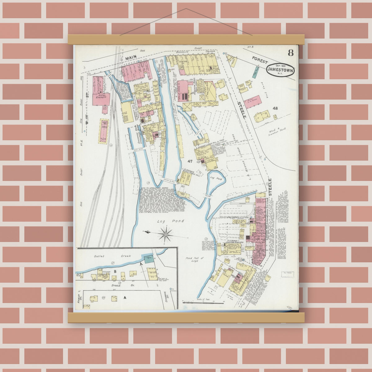 Old map wall art mockup — magnetic wood frame on brick wall — Sanborn Fire Insurance Map from Jamestown, Chautauqua County, New York (1891), Sheet #0008