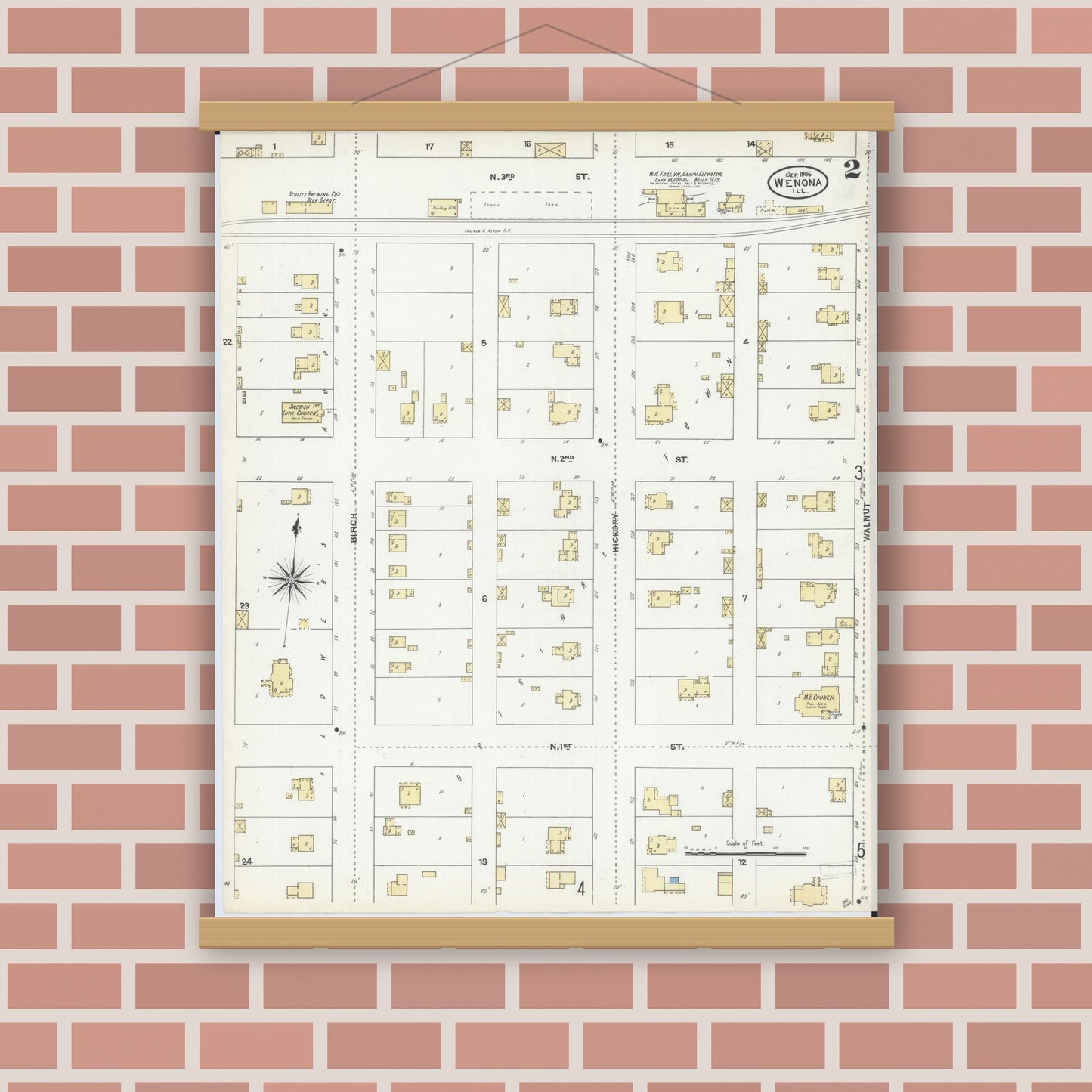 Old map wall art mockup — magnetic wood frame on brick wall — Sanborn Fire Insurance Map from Wenona, Marshall County, Illinois (1906), Sheet #0002