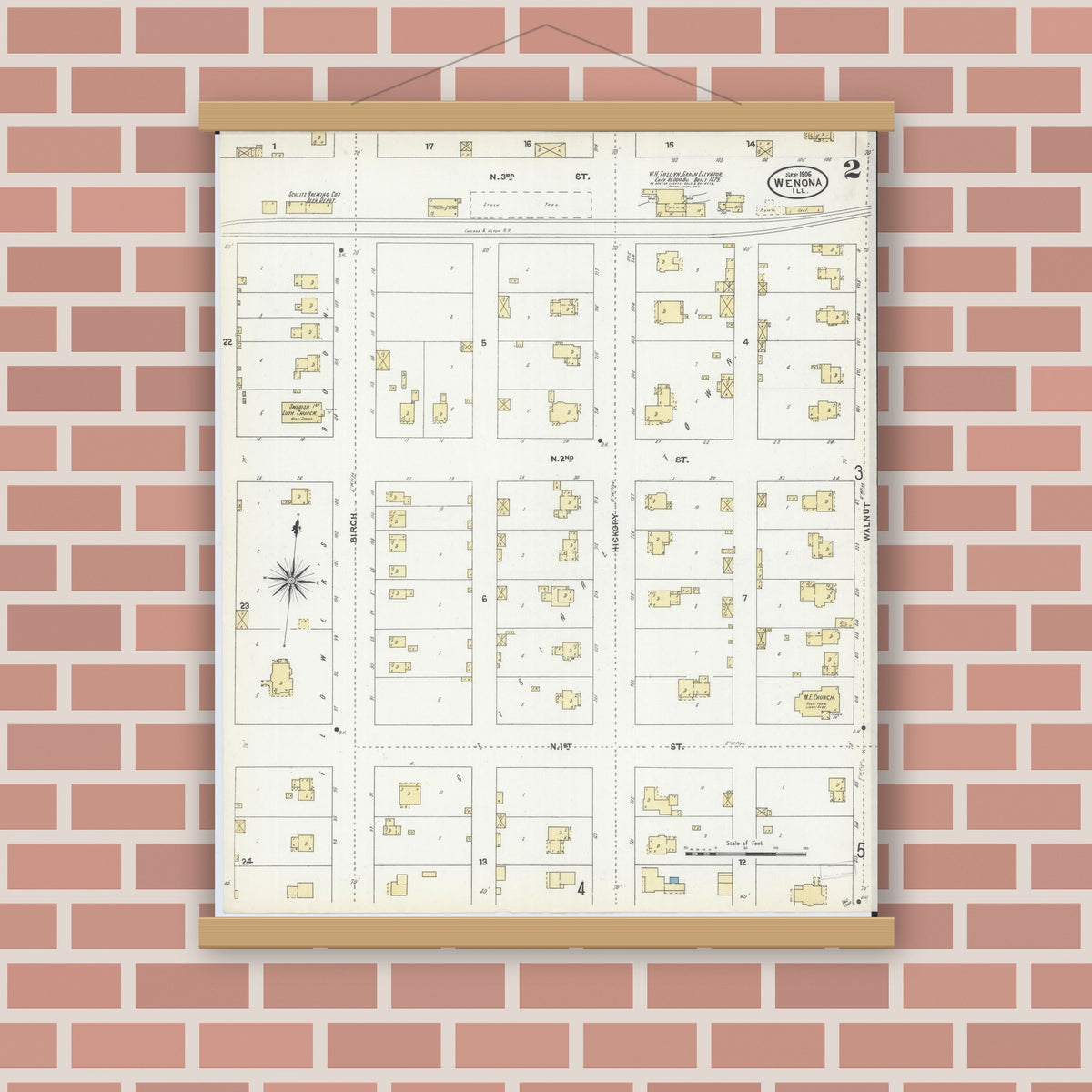Old map wall art mockup — magnetic wood frame on brick wall — Sanborn Fire Insurance Map from Wenona, Marshall County, Illinois (1906), Sheet #0002