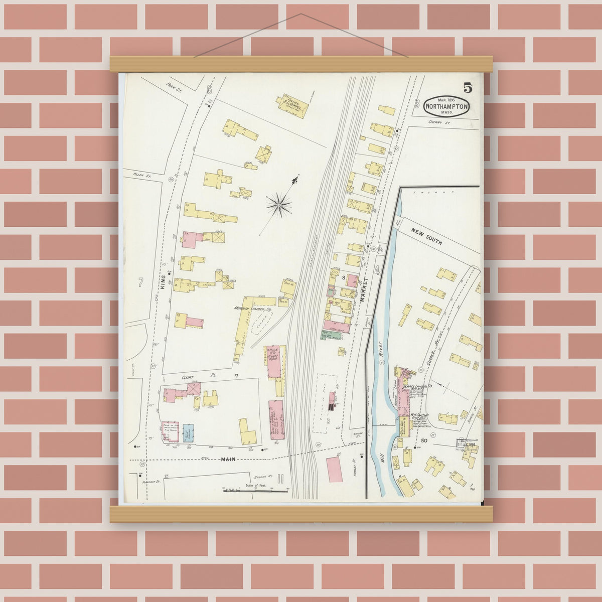Old map wall art mockup — magnetic wood frame on brick wall — Sanborn Fire Insurance Map from Northampton, Hampshire County, Massachusetts (1895), Sheet #0005