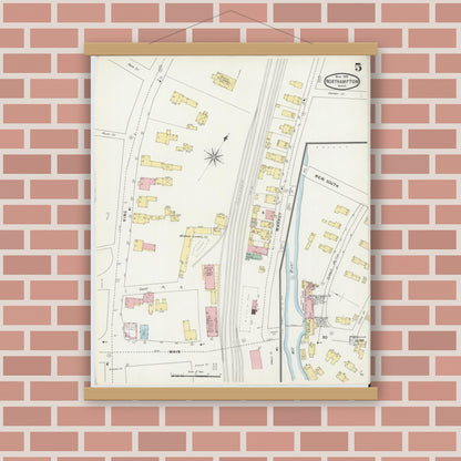 Old map wall art mockup — magnetic wood frame on brick wall — Sanborn Fire Insurance Map from Northampton, Hampshire County, Massachusetts (1895), Sheet #0005