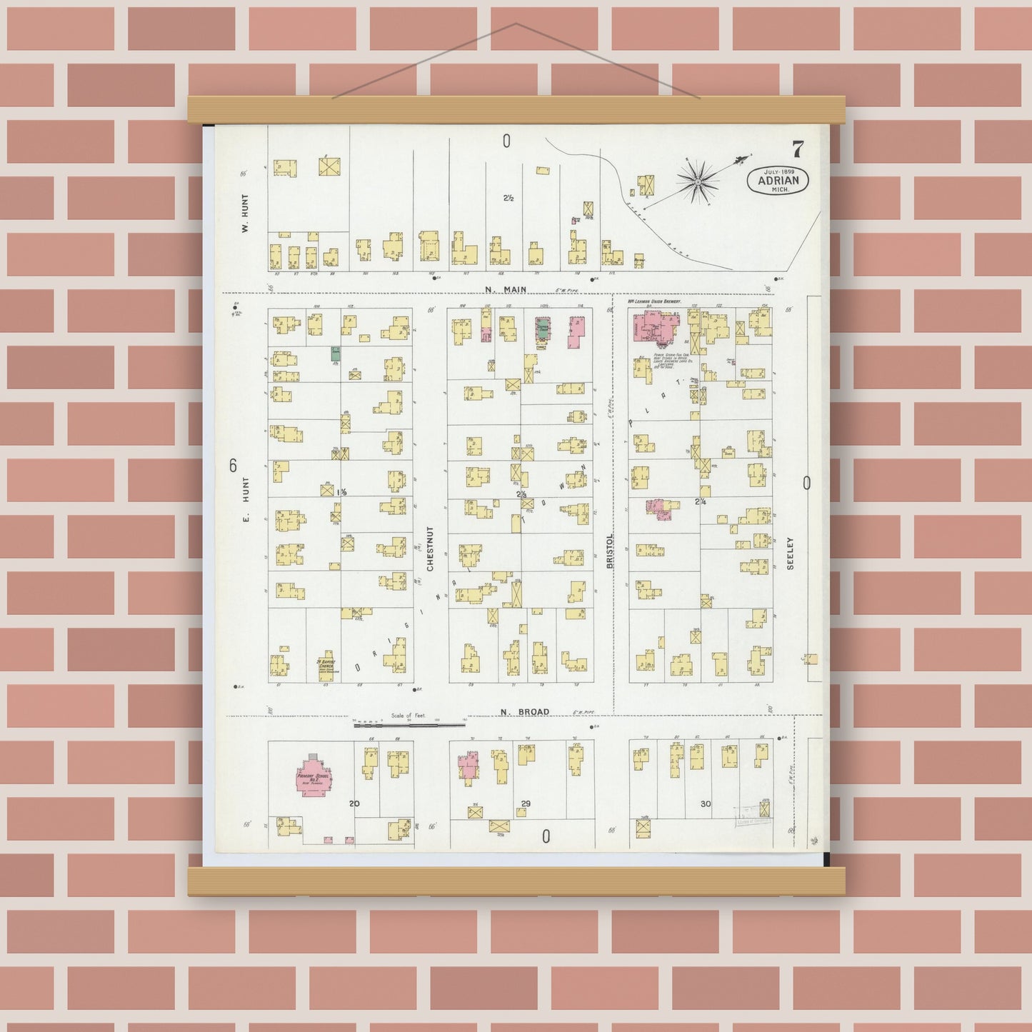 Old map wall art mockup — magnetic wood frame on brick wall — Sanborn Fire Insurance Map from Adrian, Lenawee County, Michigan (1899), Sheet #0007