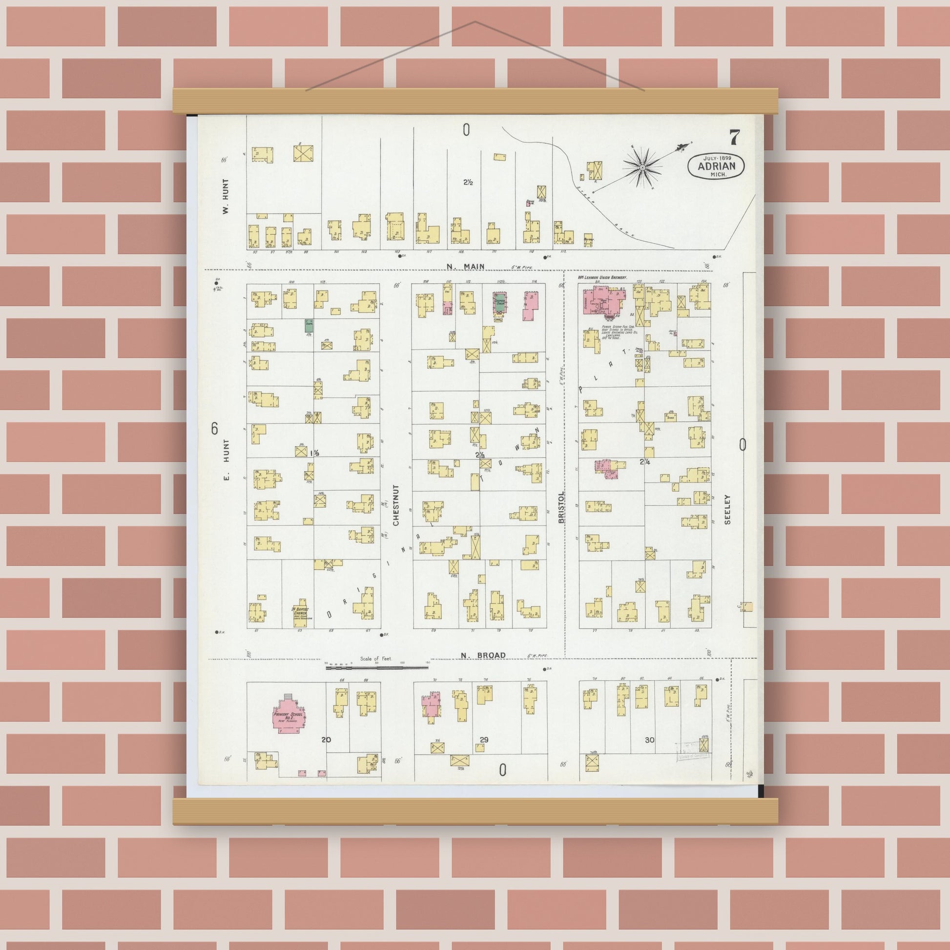 Old map wall art mockup — magnetic wood frame on brick wall — Sanborn Fire Insurance Map from Adrian, Lenawee County, Michigan (1899), Sheet #0007