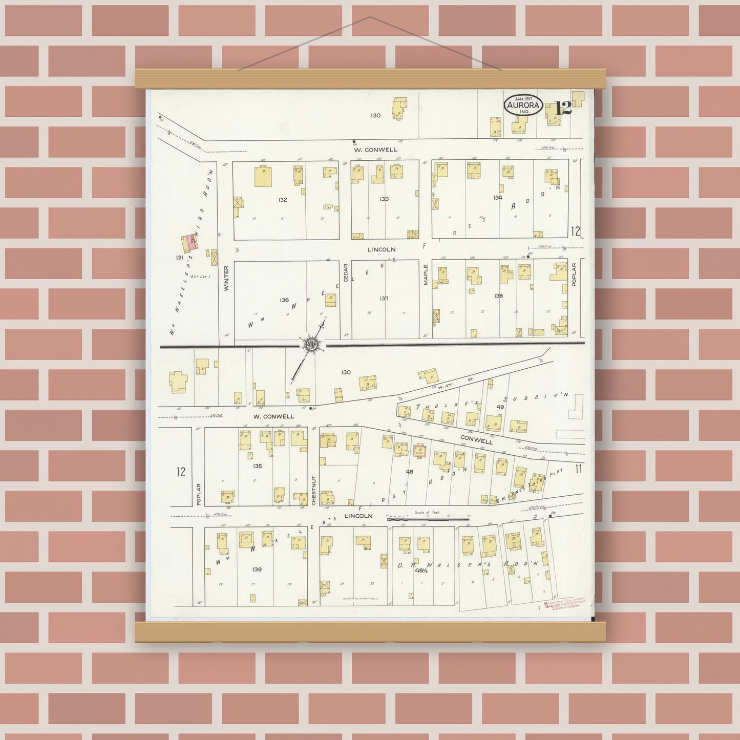 Old map wall art mockup — magnetic wood frame on brick wall — Sanborn Fire Insurance Map from Aurora, Dearborn County, Indiana (1917), Sheet #0012
